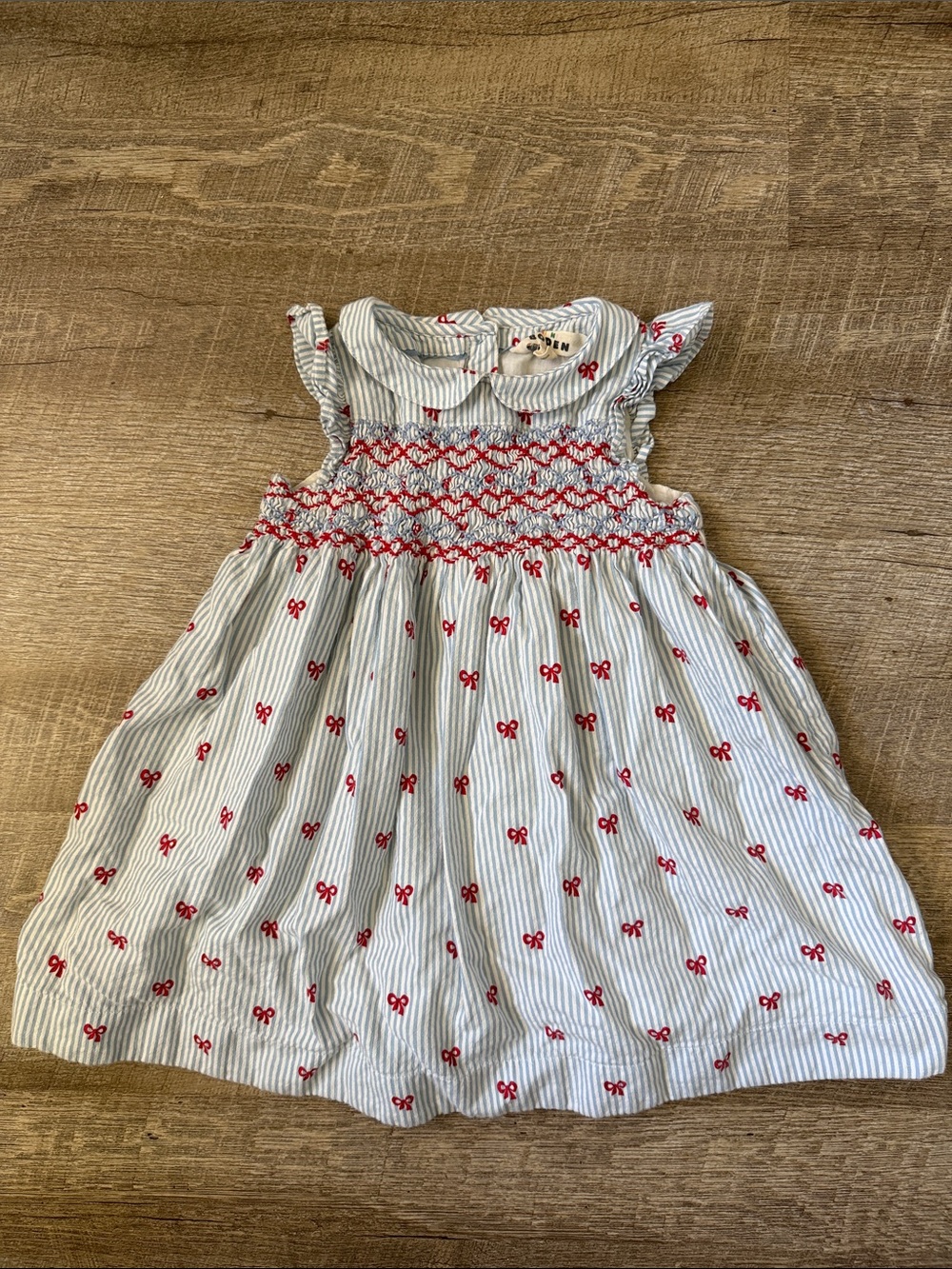 Mini Boden Girls White & Red Smocked Bow-Print Dress Size 2-3 Years